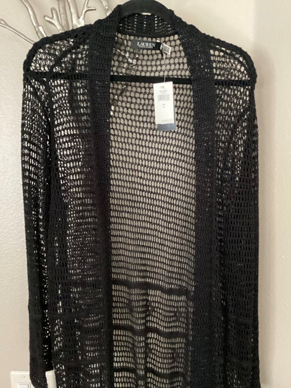 Lauren black woven/knit women's cardigan with fringe, size large